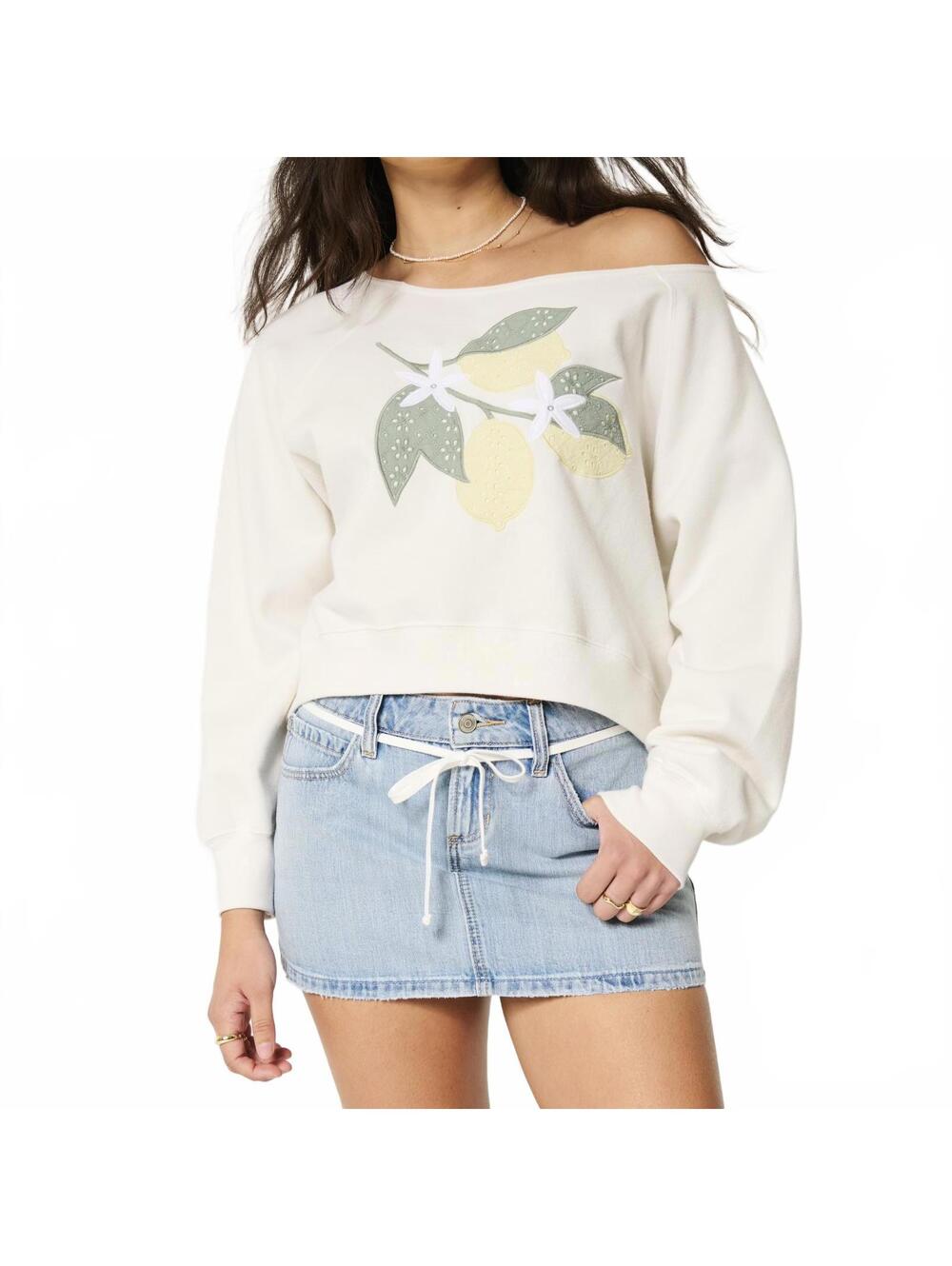 Hollister Wide Off-the-Shoulder Lemon Plant Graphic Crew Sweatshirt NWT Cream S